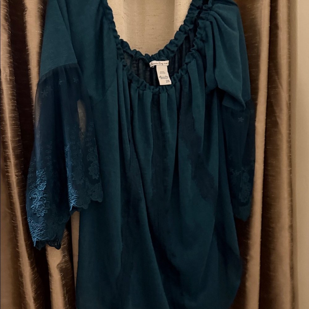 Teal Ruffled Neck Blouse - Picture 2 of 8